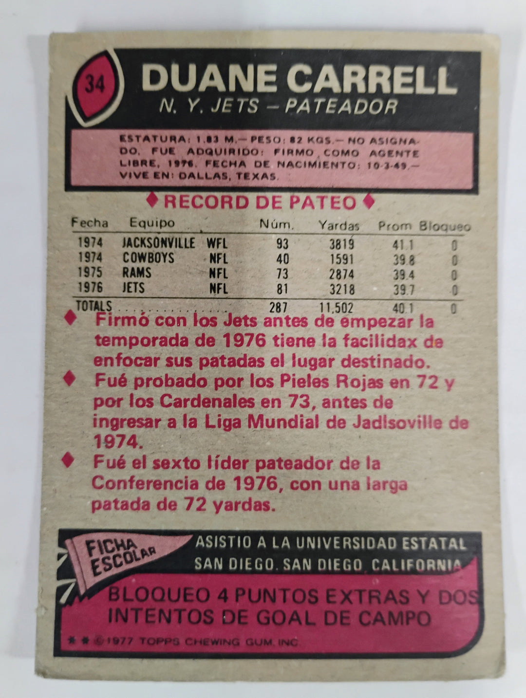 1977 Topps Mexican Football Duane Carrell  #34