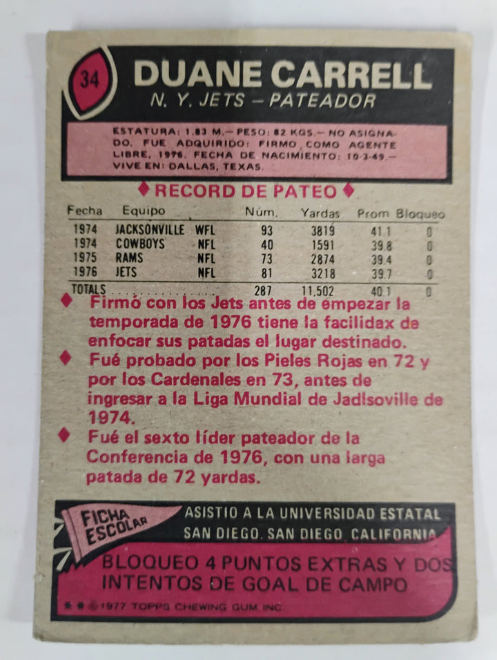 1977 Topps Mexican Football Duane Carrell  #34