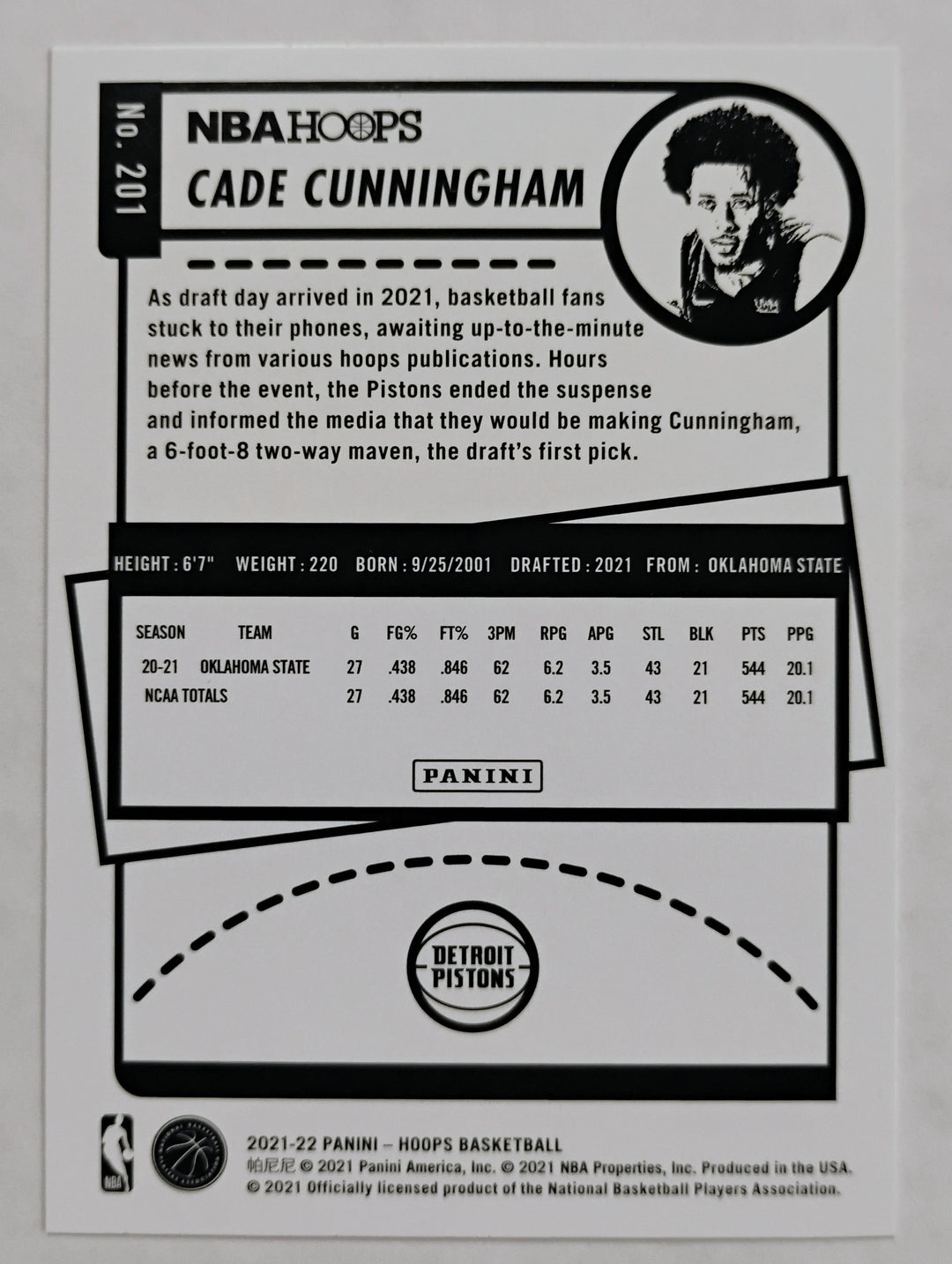 2021-22 Panini Hoops Basketball Cade Cunningham RC #201 Yellow Border