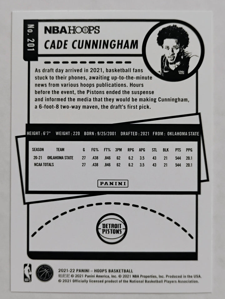 2021-22 Panini Hoops Basketball Cade Cunningham RC #201 Yellow Border