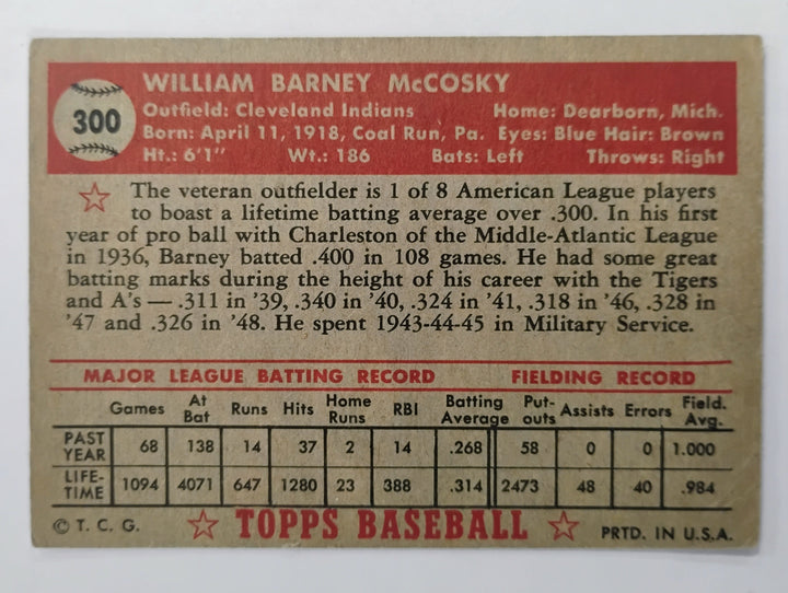 1952 Topps Baseball Barney McCosky #300 Red Back