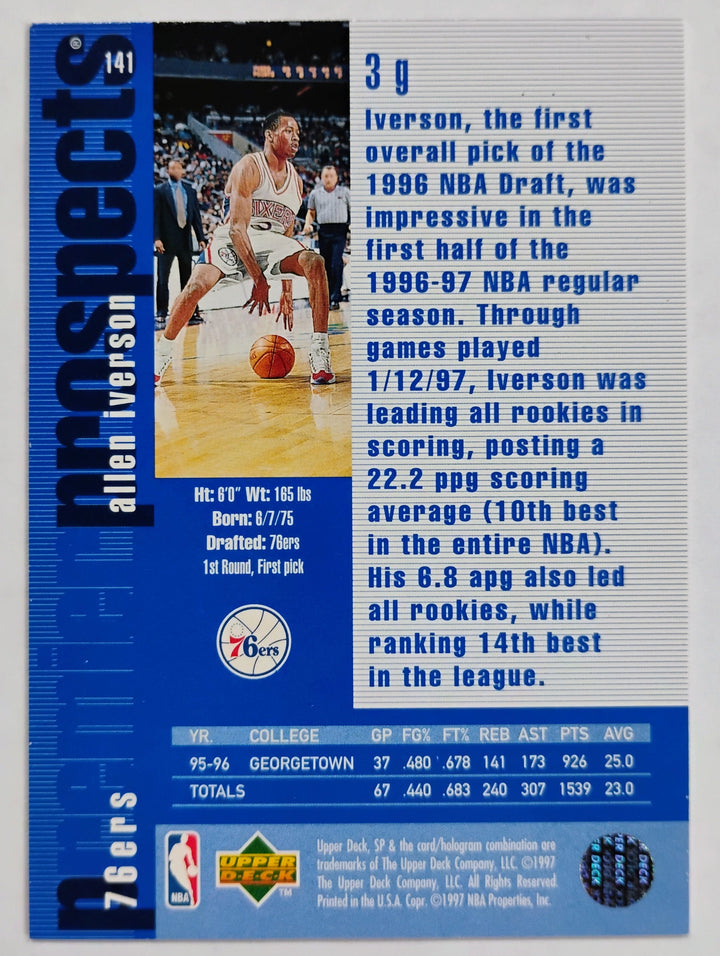 1995-96 Upper Deck SP Basketball Allen Iverson RC #141 Premier Prospects