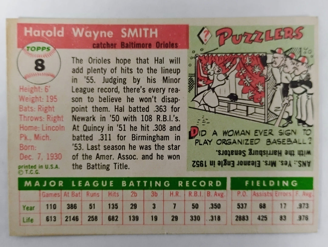 1955 Topps Baseball Hal Smith RC #8 Mint
