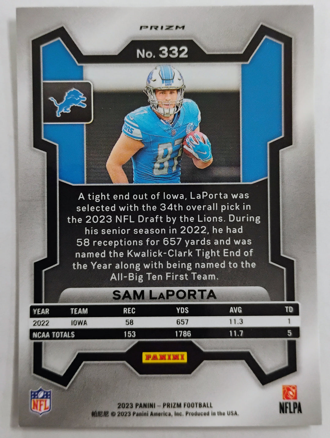 2023 Panini Prizm Football Sam LaPorta #332 Neon Green Pulsar Prizm