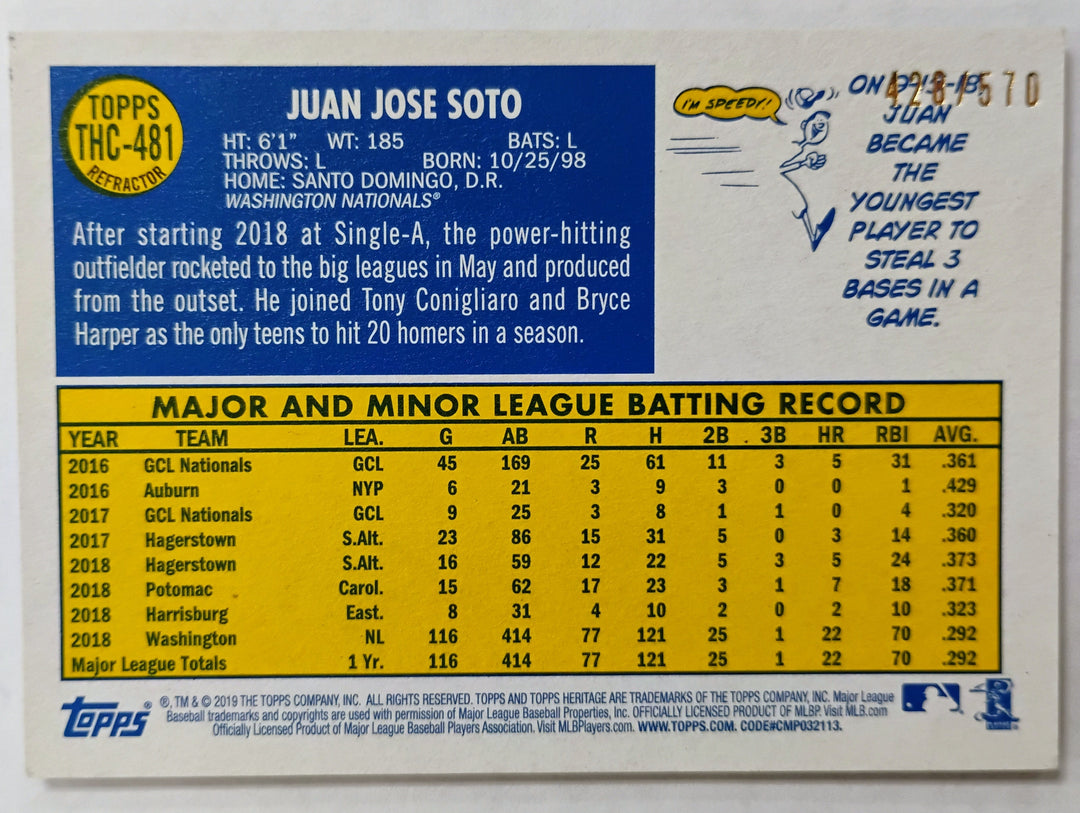 2019 Topps Heritage Baseball Juan Soto #TCH-481 Refractor 428/470