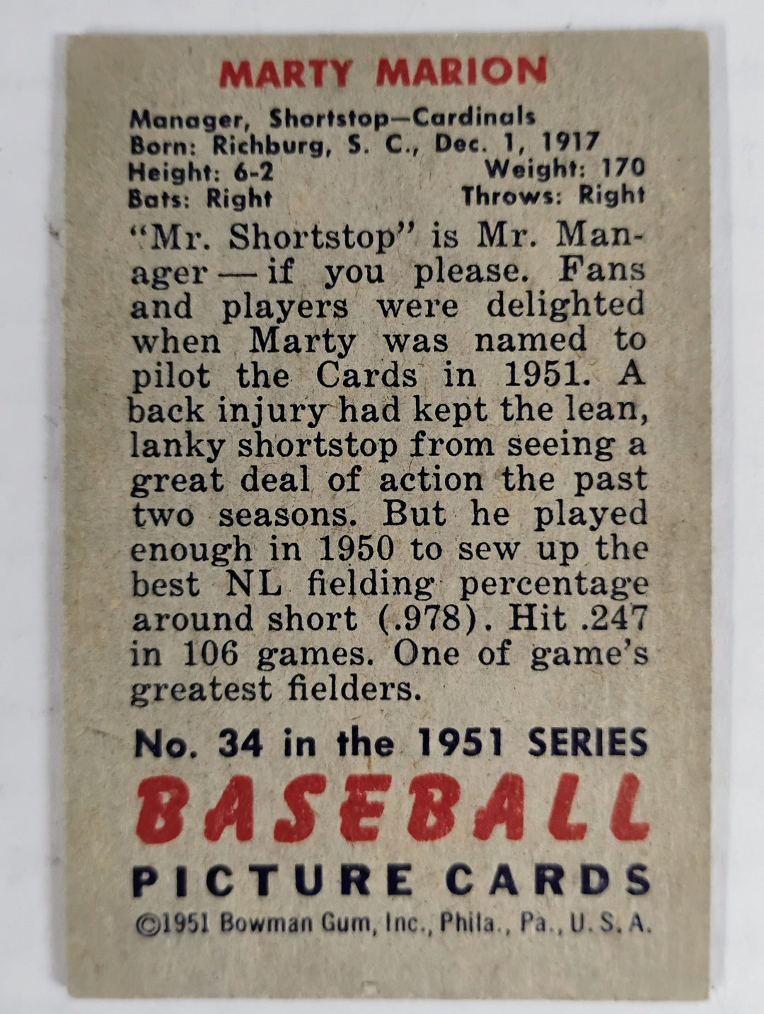 1951 Bowman Baseball Marty Marion MG #34 VG Pratial Set Break