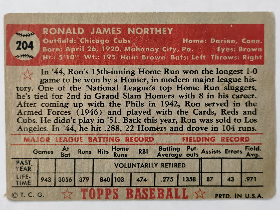 1952 Topps Baseball Ron Northey #204 Red Back