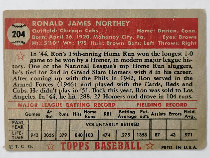 1952 Topps Baseball Ron Northey #204 Red Back