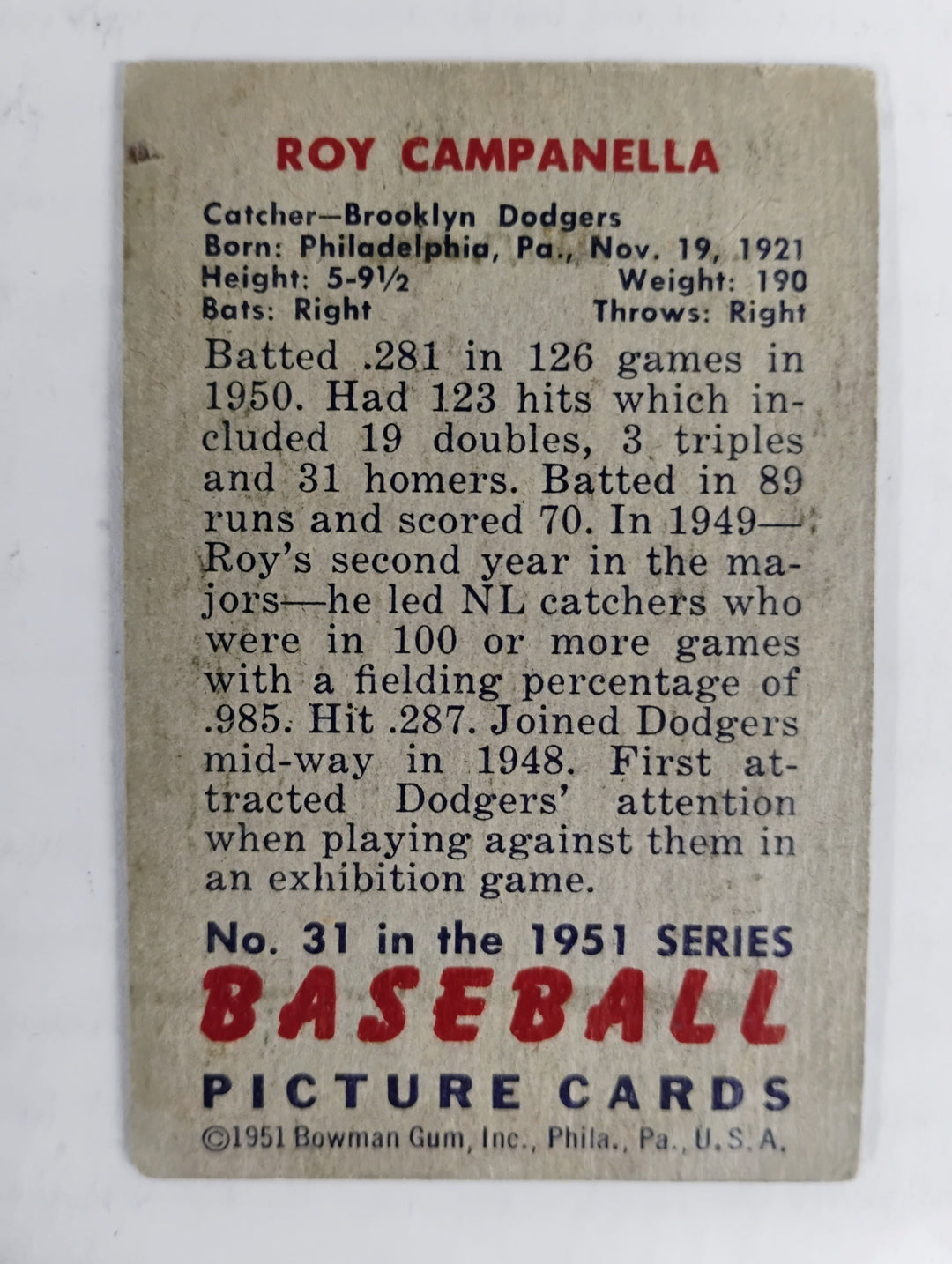 1951 Bowman Baseball Roy Campanella #31 Good Partial Set Break