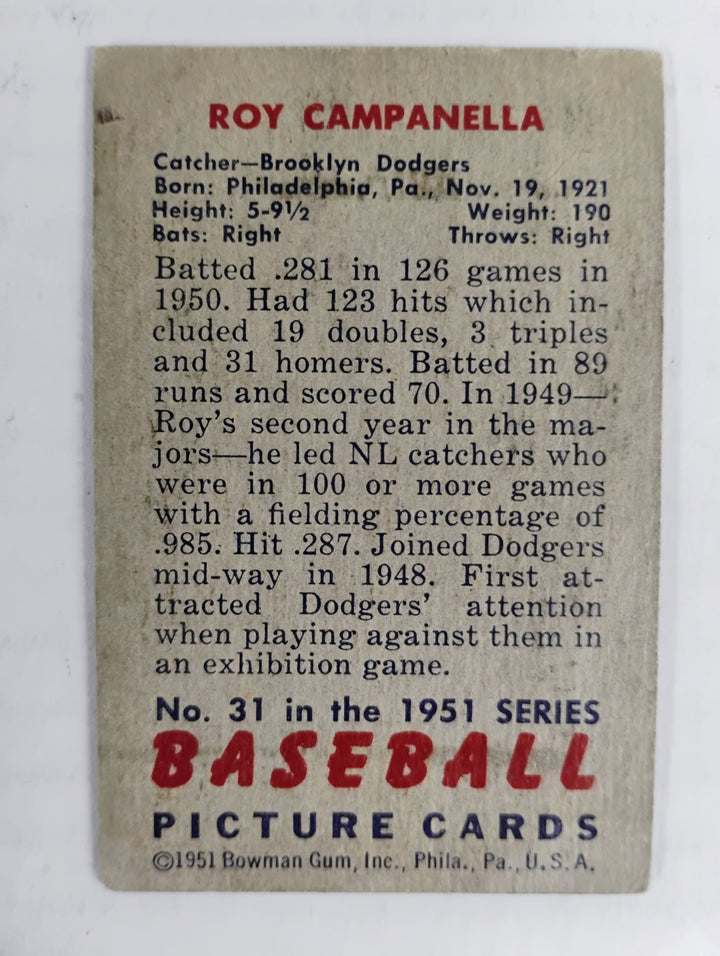 1951 Bowman Baseball Roy Campanella #31 Good Partial Set Break