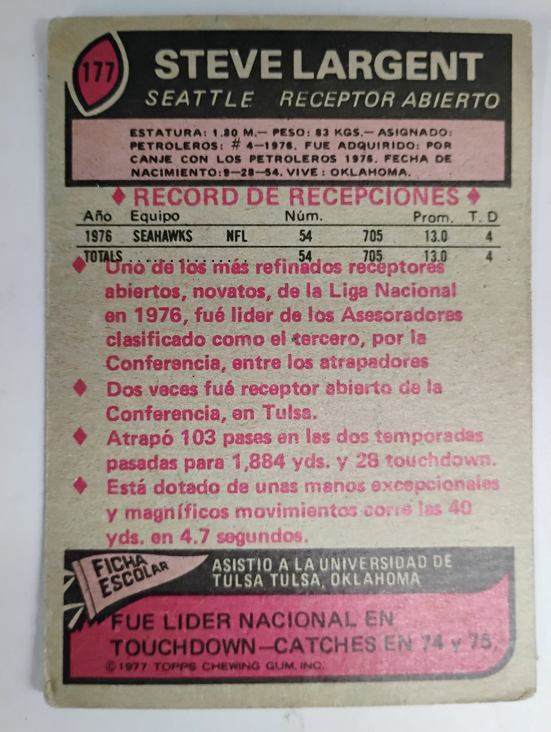 1977 Topps Mexican Football Steve Largent RC #177