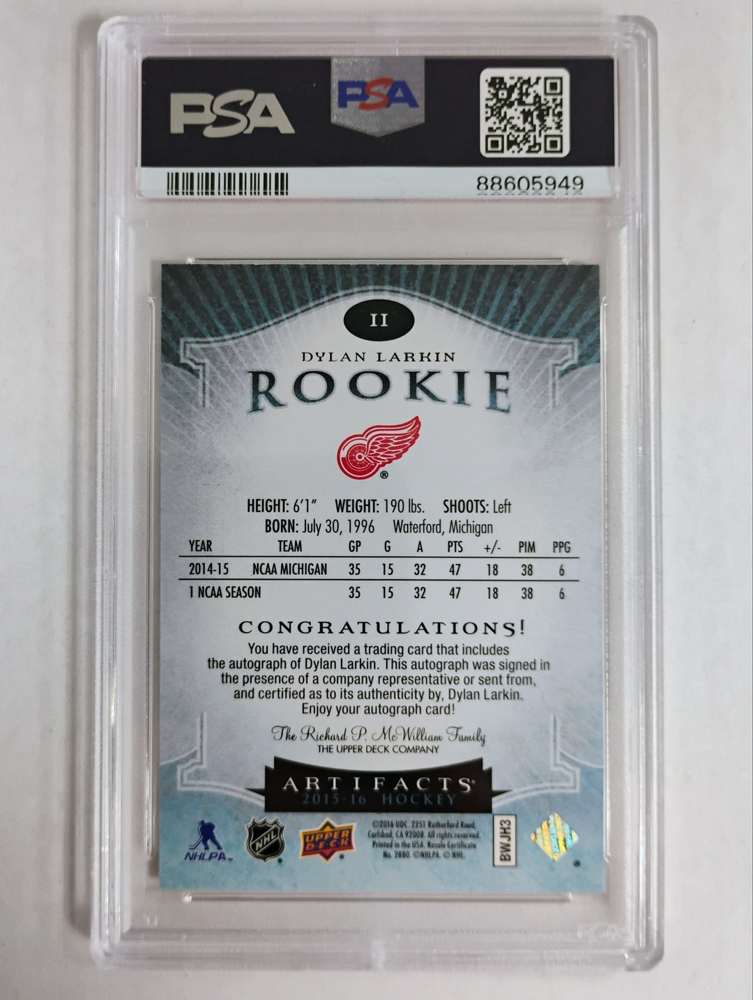 2015 U. D. Artifacts Dylan Larkin Auto Rookie Redemptions PSA Gem Mint 10