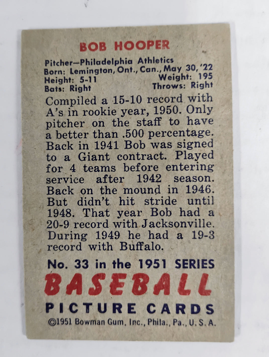 1951 Bowman Baseball Bob Hooper RC #33 VG Partial Set Break