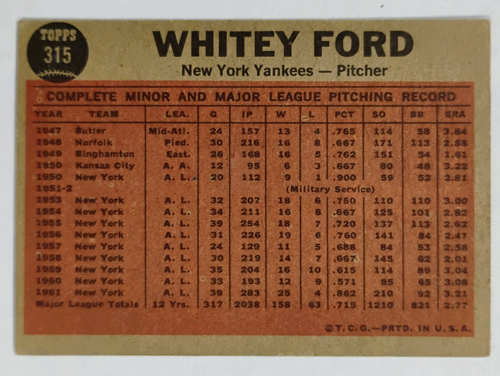 1962 Topps Baseball Whitey Ford #315 Ford Tosses A Curve
