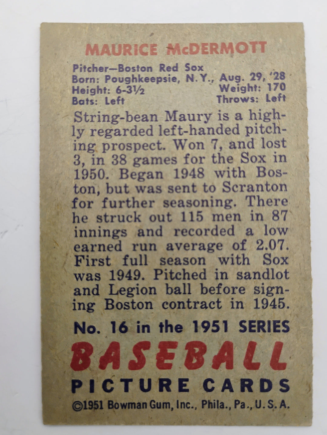 1951 Bowman Baseball Maurice McDermott #15 EX-Mint Partial Set Break