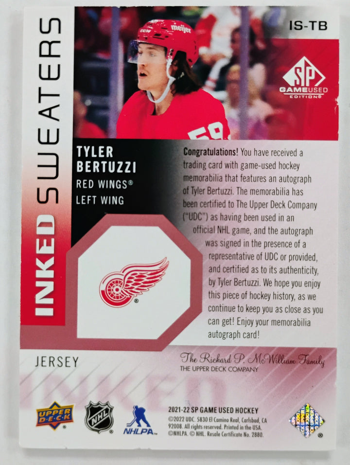 2021-22 Upper Deck SP Game Used Hockey Tyler Bertuzzi #IS-TB Inked Sweaters 01/35