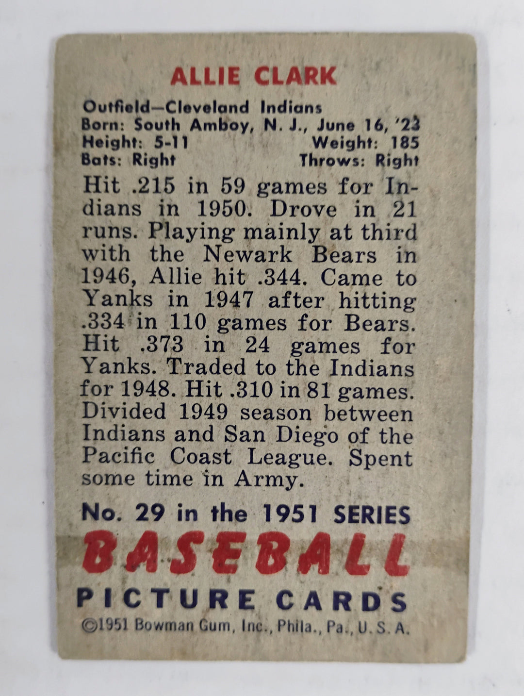 1951 Bowman Baseball Allie Clark #29 Good Partial Set Break