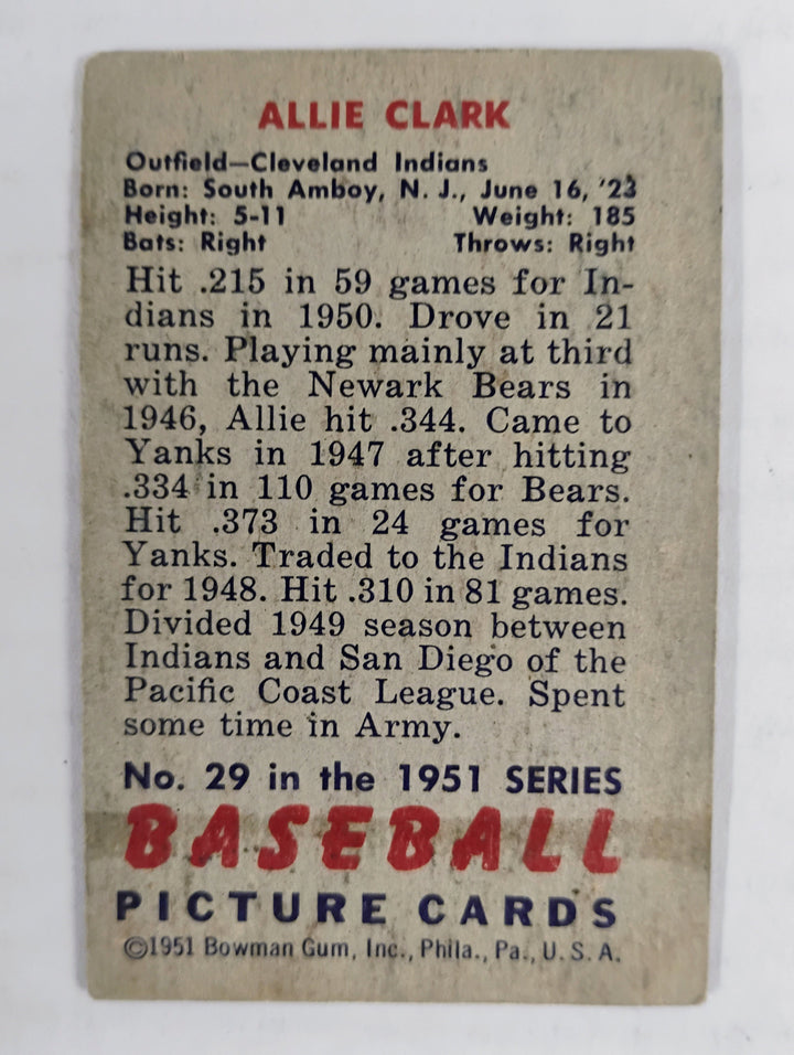 1951 Bowman Baseball Allie Clark #29 Good Partial Set Break