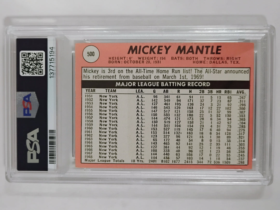 1969 Topps Baseball Mickey Mantle #500 White Letter PSA 4 VG-EX