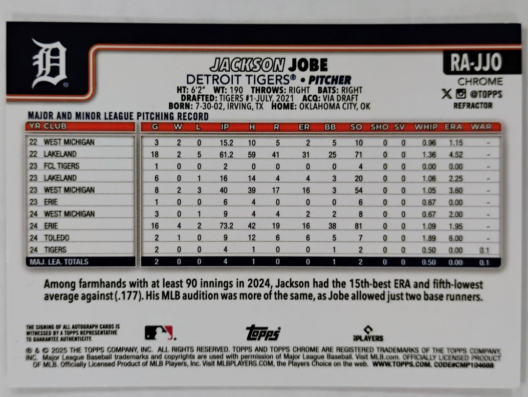 2025 Topps Chrome Baseball Jackson Jobe RC #RA-JJO Refractor 453/499