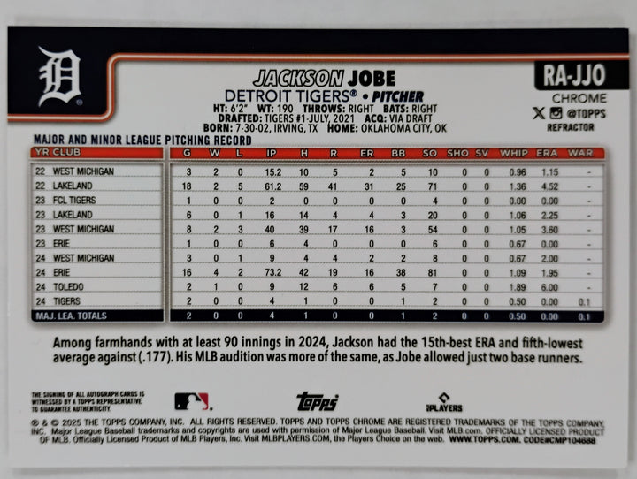 2025 Topps Chrome Baseball Jackson Jobe RC #RA-JJO Refractor 453/499