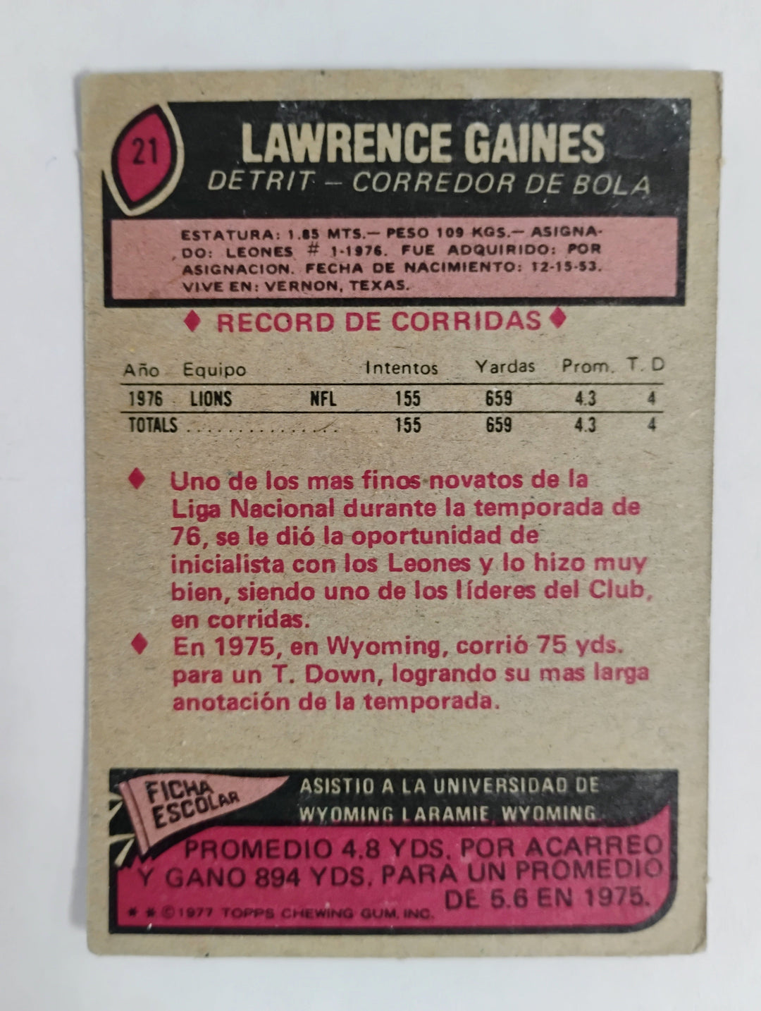 1977 Topps Mexican Football Lawrence Gains #21 "Dirty Dozen" SP