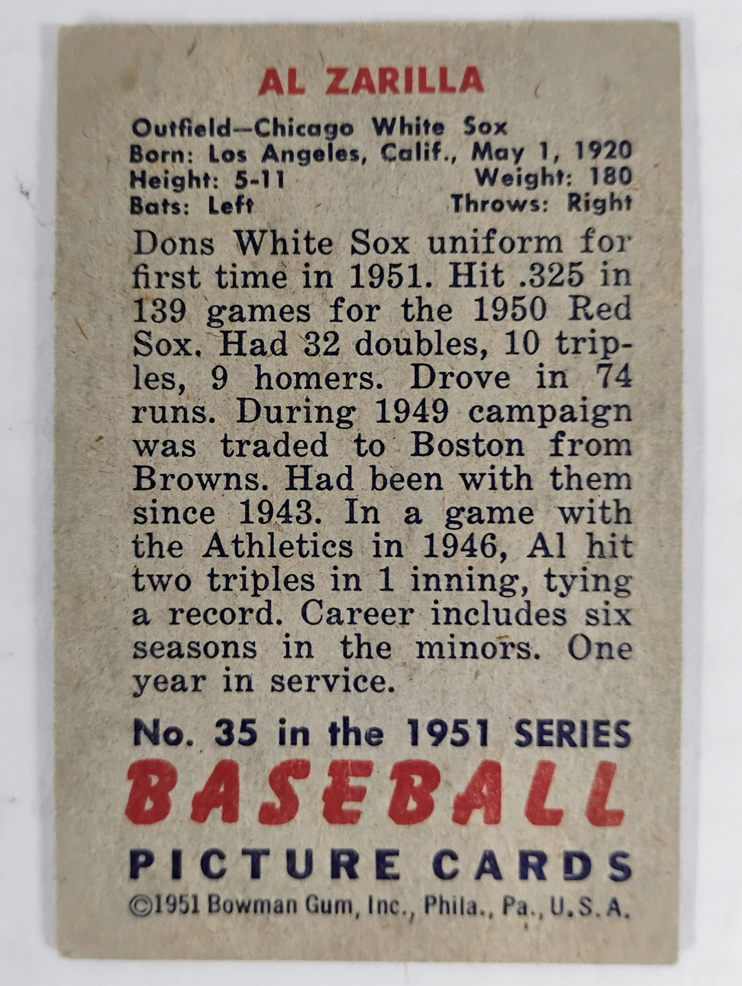 1951 Bowman Baseball Al Zarilla #35 VG Partial Set Break