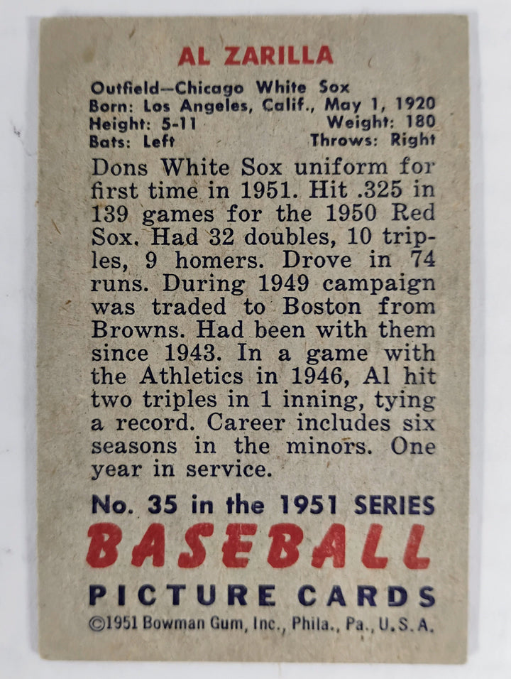 1951 Bowman Baseball Al Zarilla #35 VG Partial Set Break