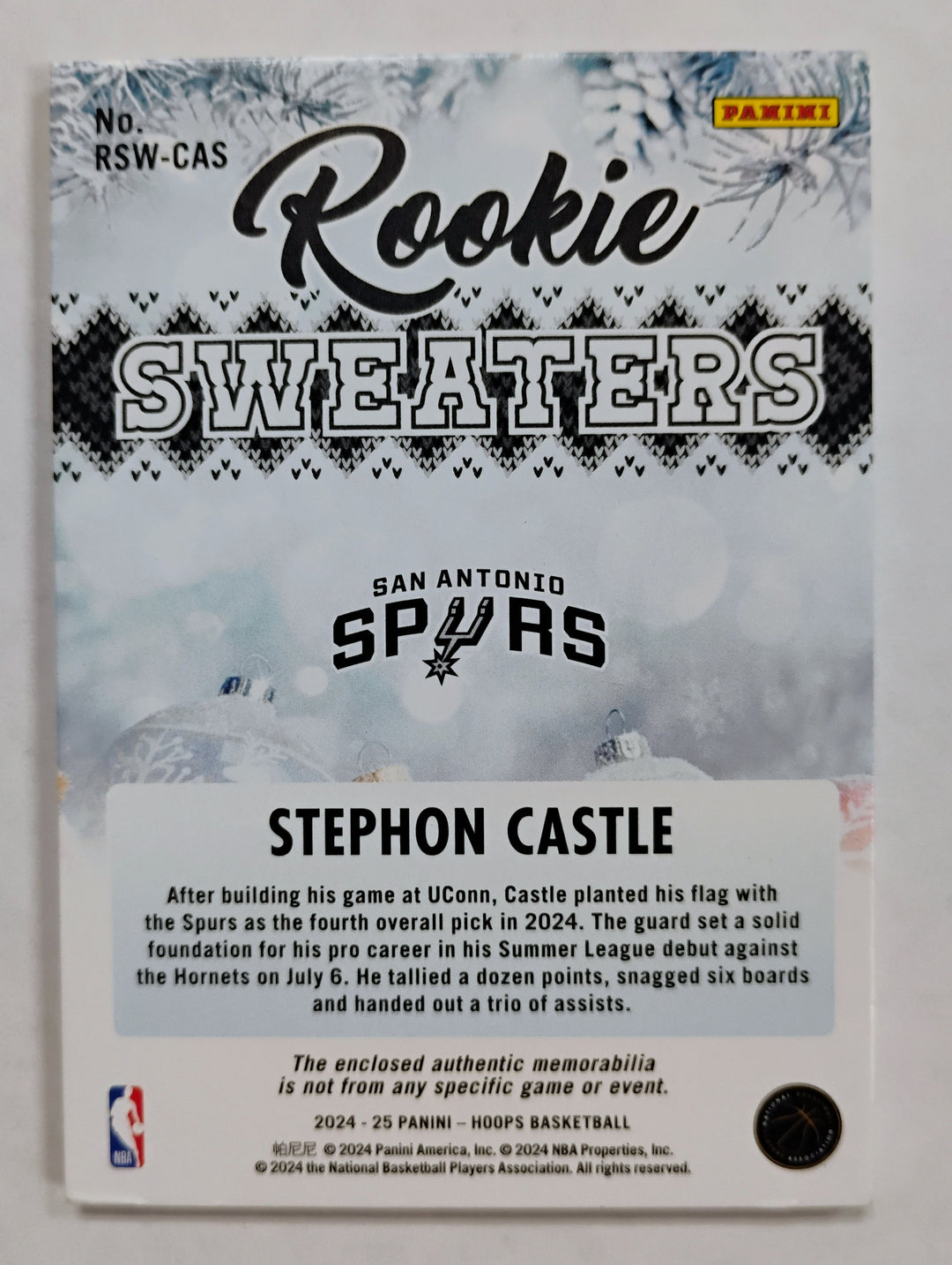 2024-25 Panini Hoops Basketball Stephon Castle #RSW-CAS  Rookie Sweater!