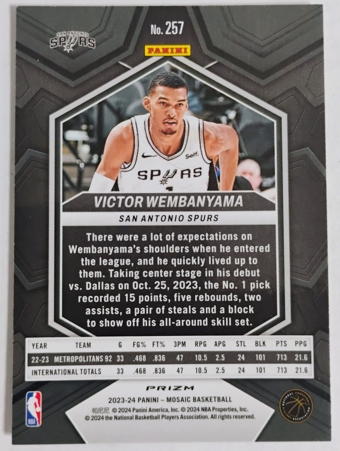 2023-24 Panini Mosaic Basketball Victor Wembanyama RC #257 Prizm