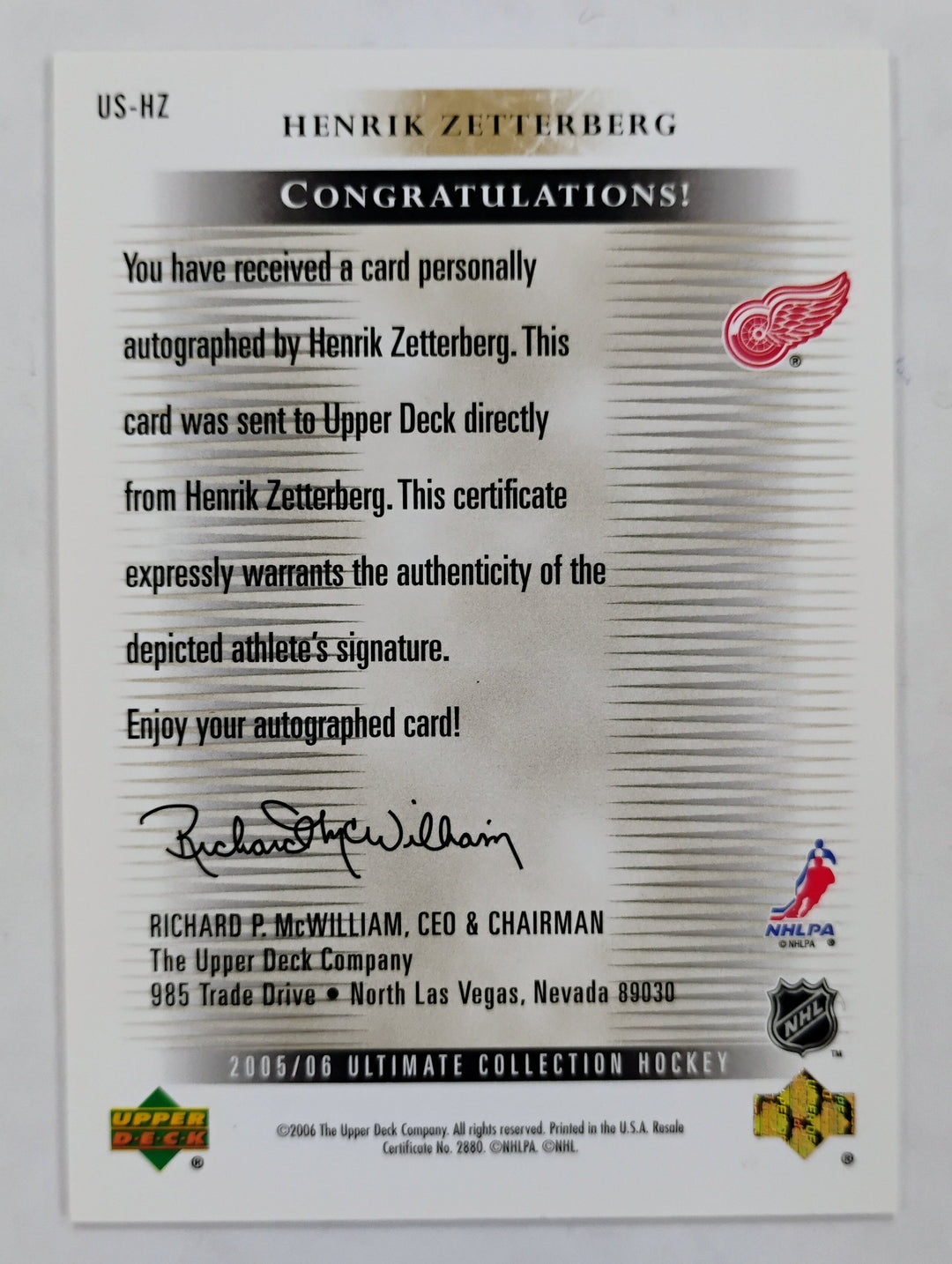 2006-06 Upper Deck Ultimate Collection Hockey Henrik Zetterberg #US-HZ Ultimate Signatures