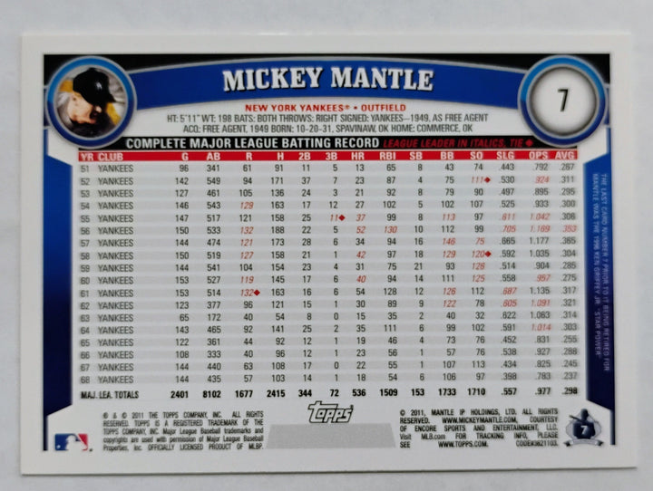 2011 Topps Baseball Mickey Mantle #7 Diamond Anniversary