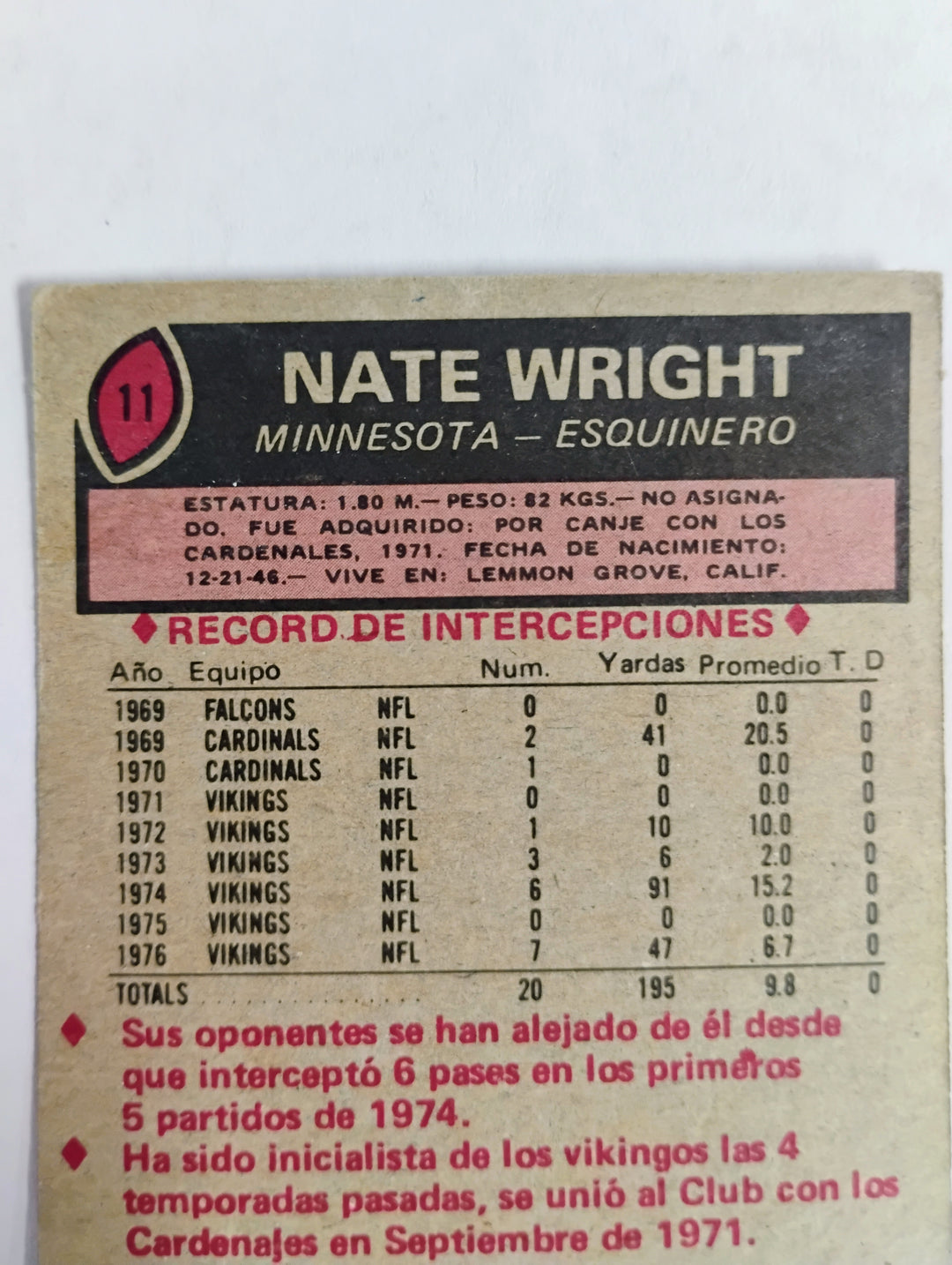 1977 Topps Mexican Football Nate Wright #11