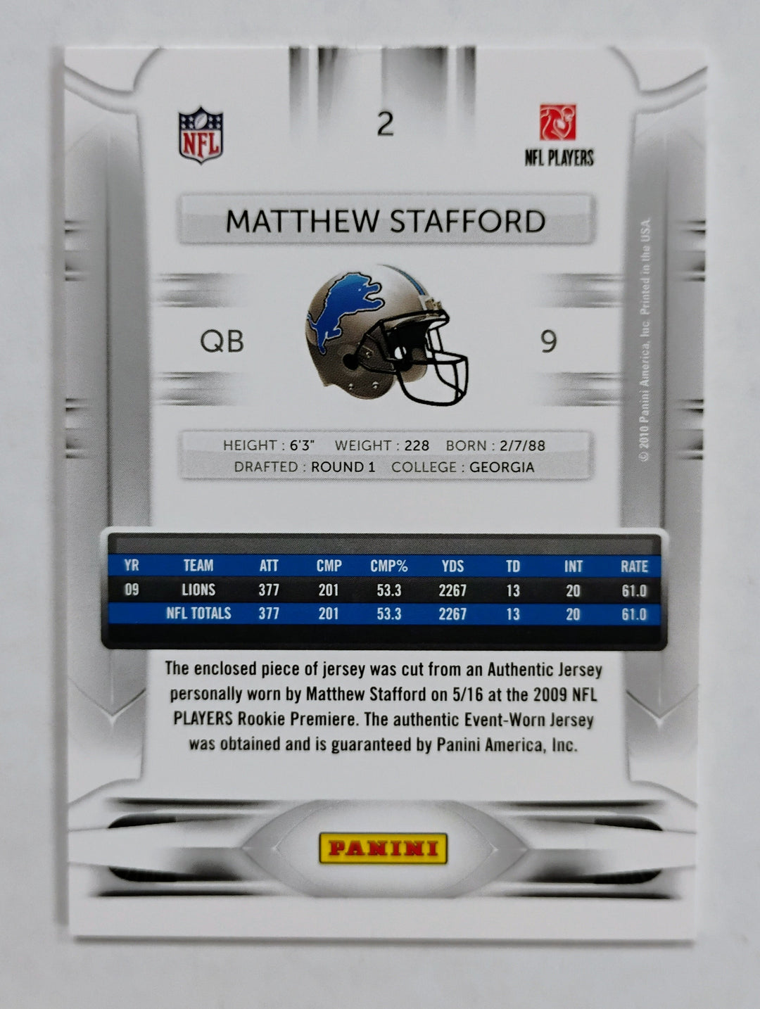 2010 Panini Prestige Matthew Stafford #2 Rookie Review