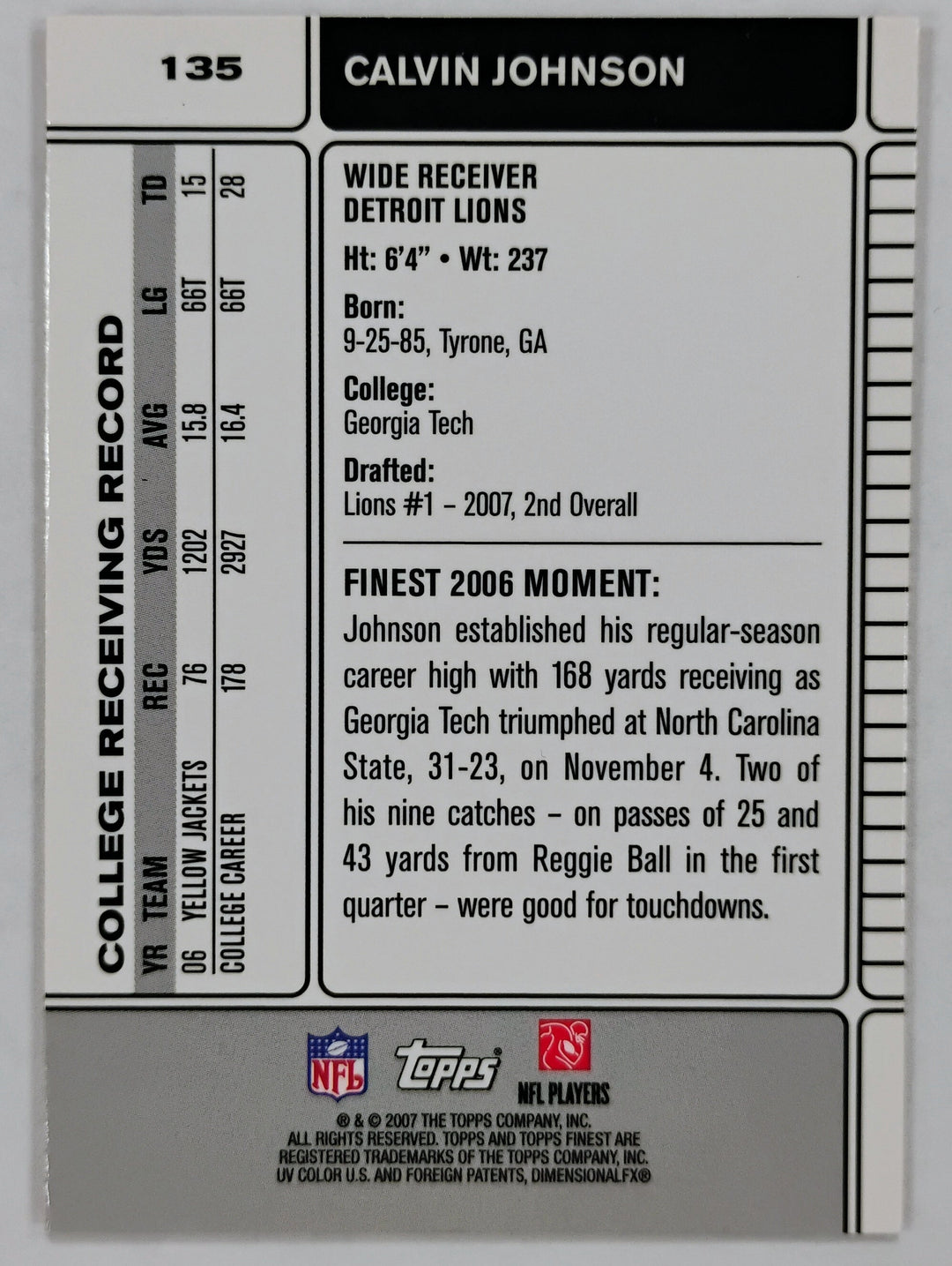2007 Topps Finest Football Calvin Johnson RC #135