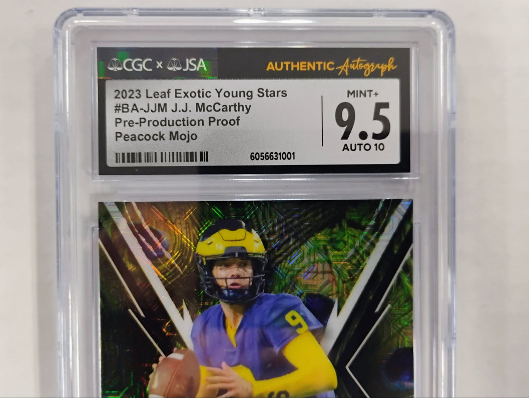 2023 Leaf Exotic Young Stars J.J. McCarthy #BA-JJM 1/1 Pre-Production Proof Peacock Mojo CGC 9.5 Auto 10