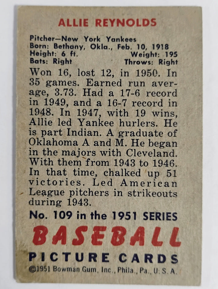1951 Bowman Baseball Allie Reynolds #109