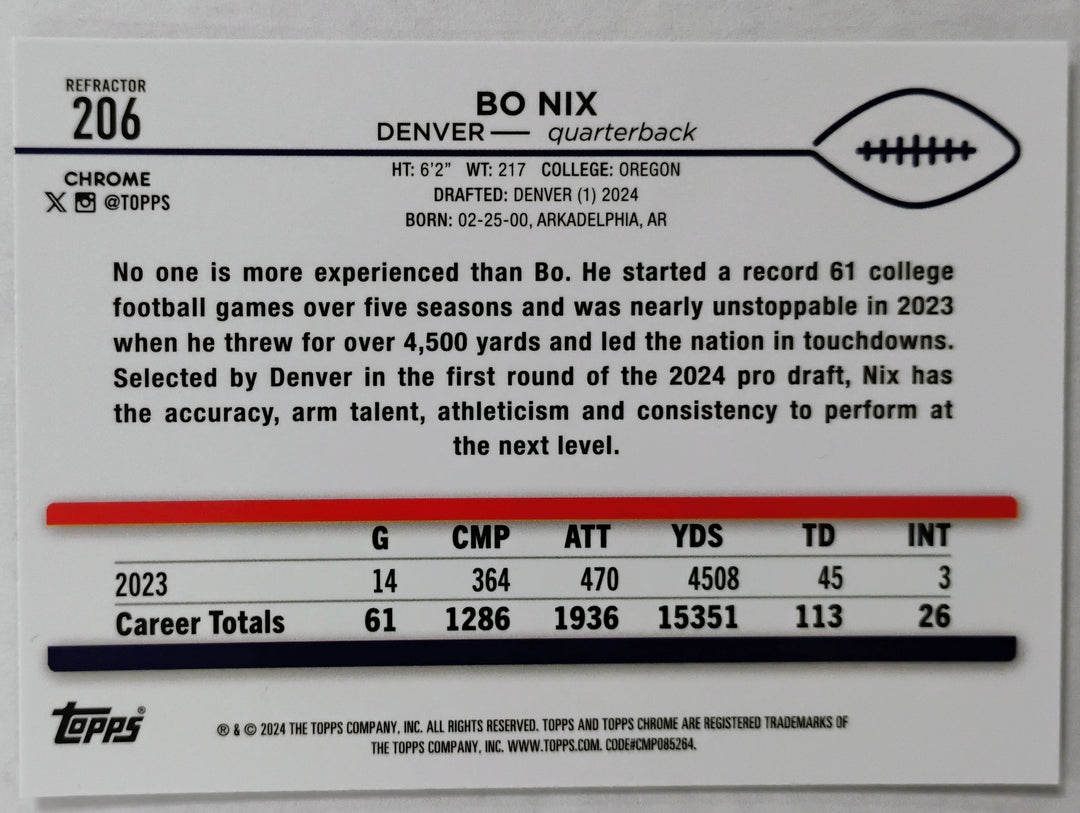 2024 Topps Chrome Football Bo Nix RC #206 Refractor