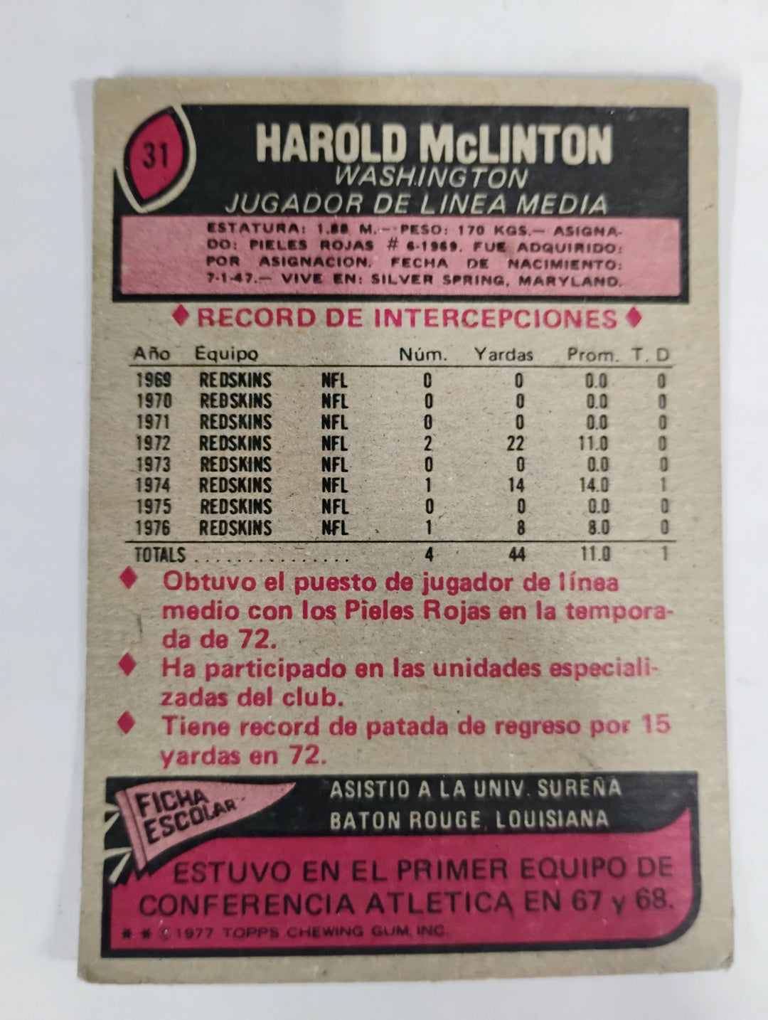 1977 Topps Mexican Football Harold Mclinton #31 SP