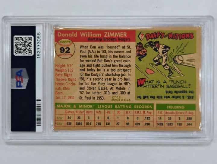 1955 Topps Baseball Don Zimmer RC #92 PSA 5 EX