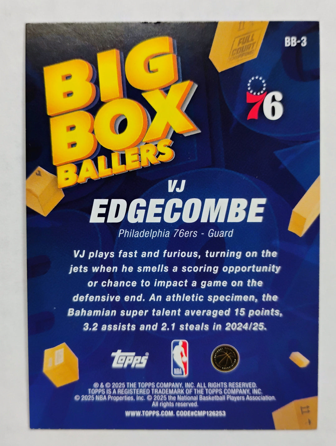 2025 Topps Basketball VJ Edgecombe RC #BB-3 Big Box Ballers!