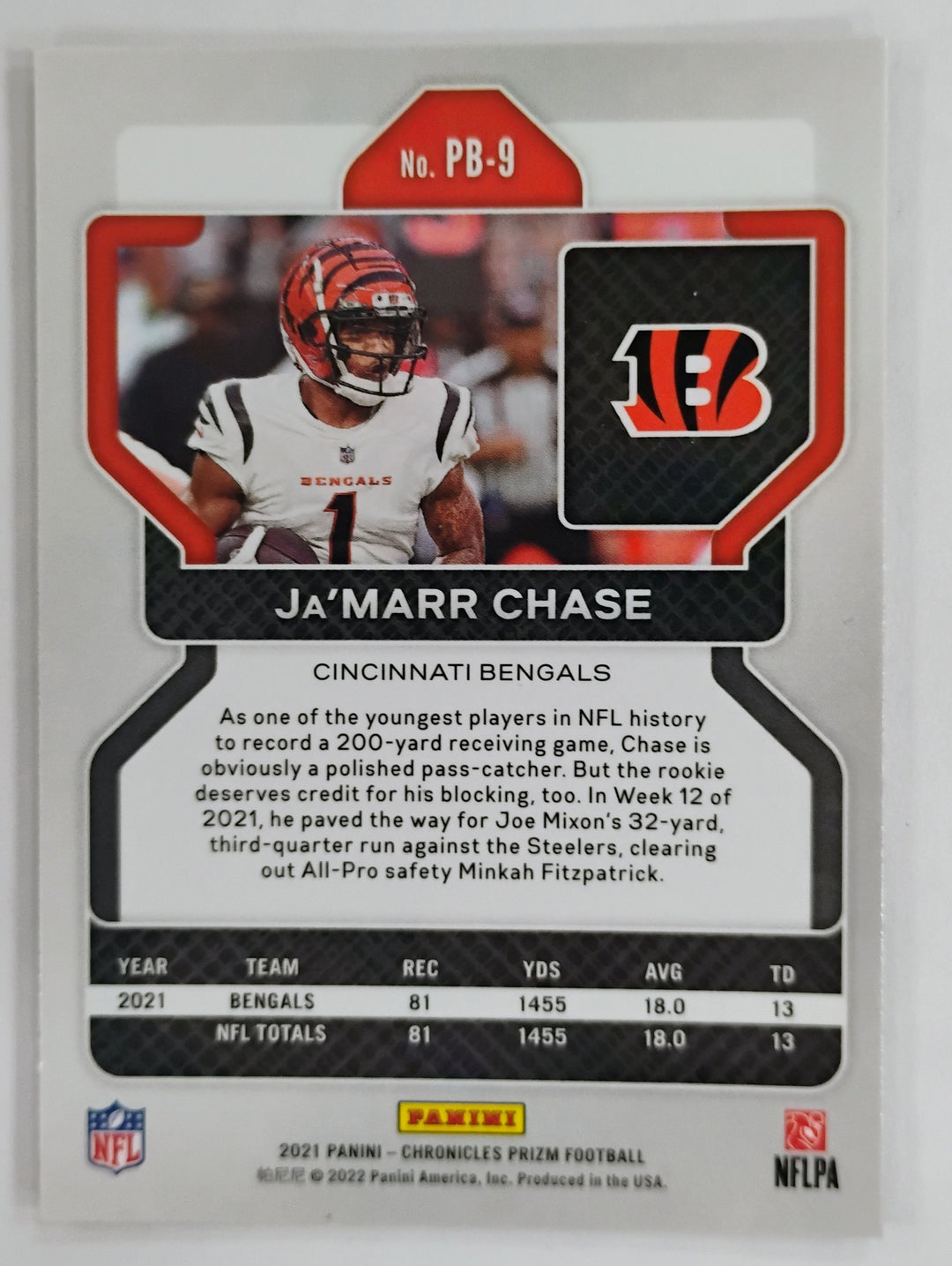 2021 Prizm Black Chronicles Football Ja'Marr Chase RC #PB-9