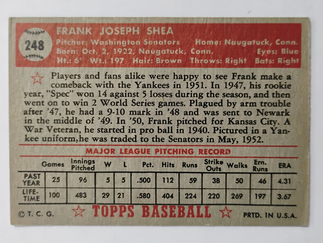 1952 Topps Baseball Frank Shea #248 Red Back