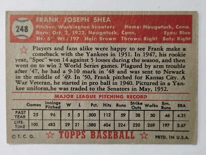 1952 Topps Baseball Frank Shea #248 Red Back