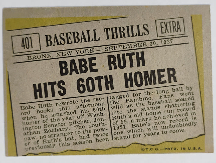 1961 Topps Baseball Babe Ruth #401 Baseball Thrills
