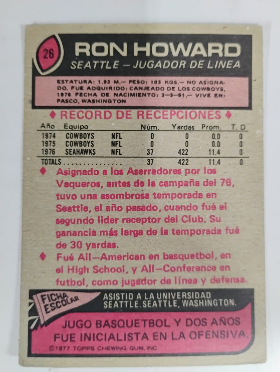 1977 Topps Mexican Football Ron Howard #26