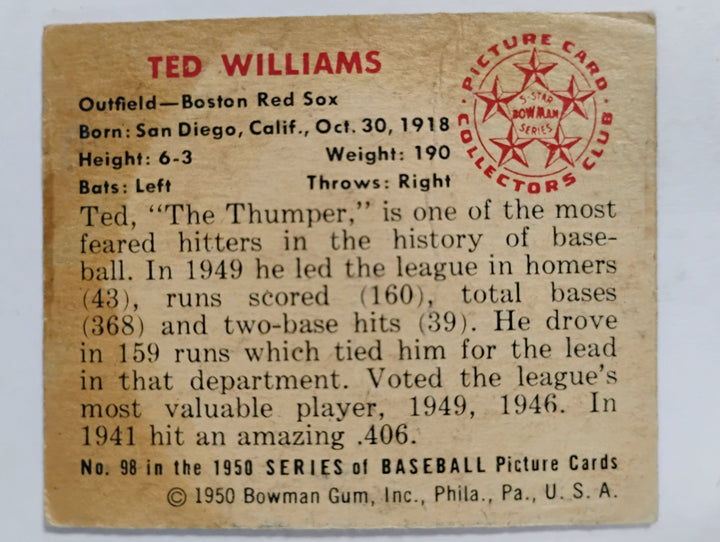 1950 Bowman Baseball Ted Williams #98 Good