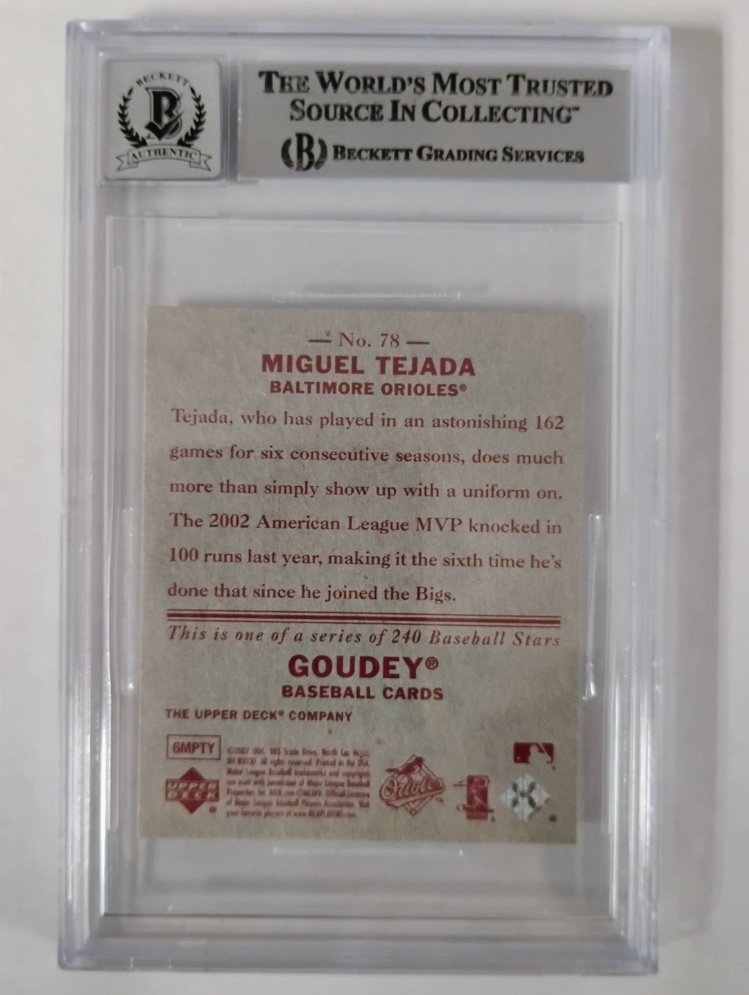 2007 Upper Deck Goudey Miguel Tejada Authentic Autograph Beckett 10