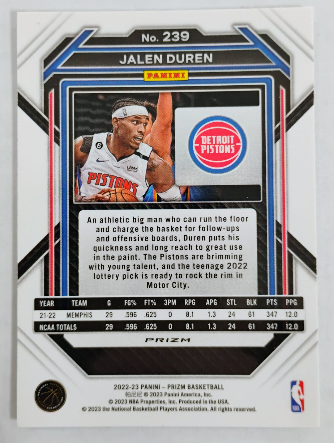 2023-24 Panini Prizm Basketball Jalen Duren RC #239 Silver Prizm