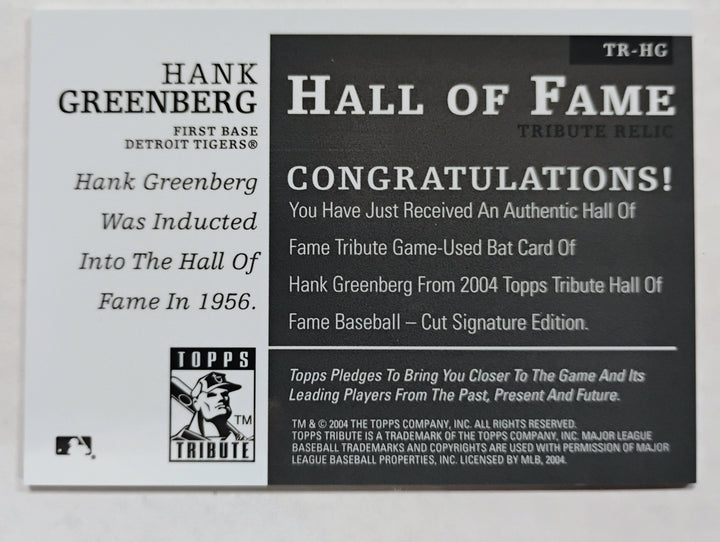 2004 Topps Tribute Baseball Hank Greenberg #TR-HG Tribute Relic Game Used Bat